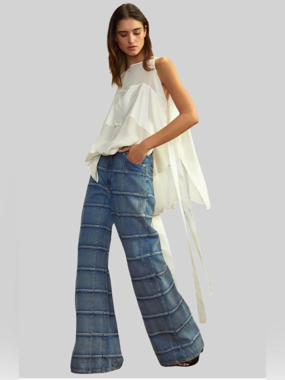 Cynthia Rowley Collection Window Pane Blue Patchwork Wide-Leg Jeans size 25. - Picture 1 of 10